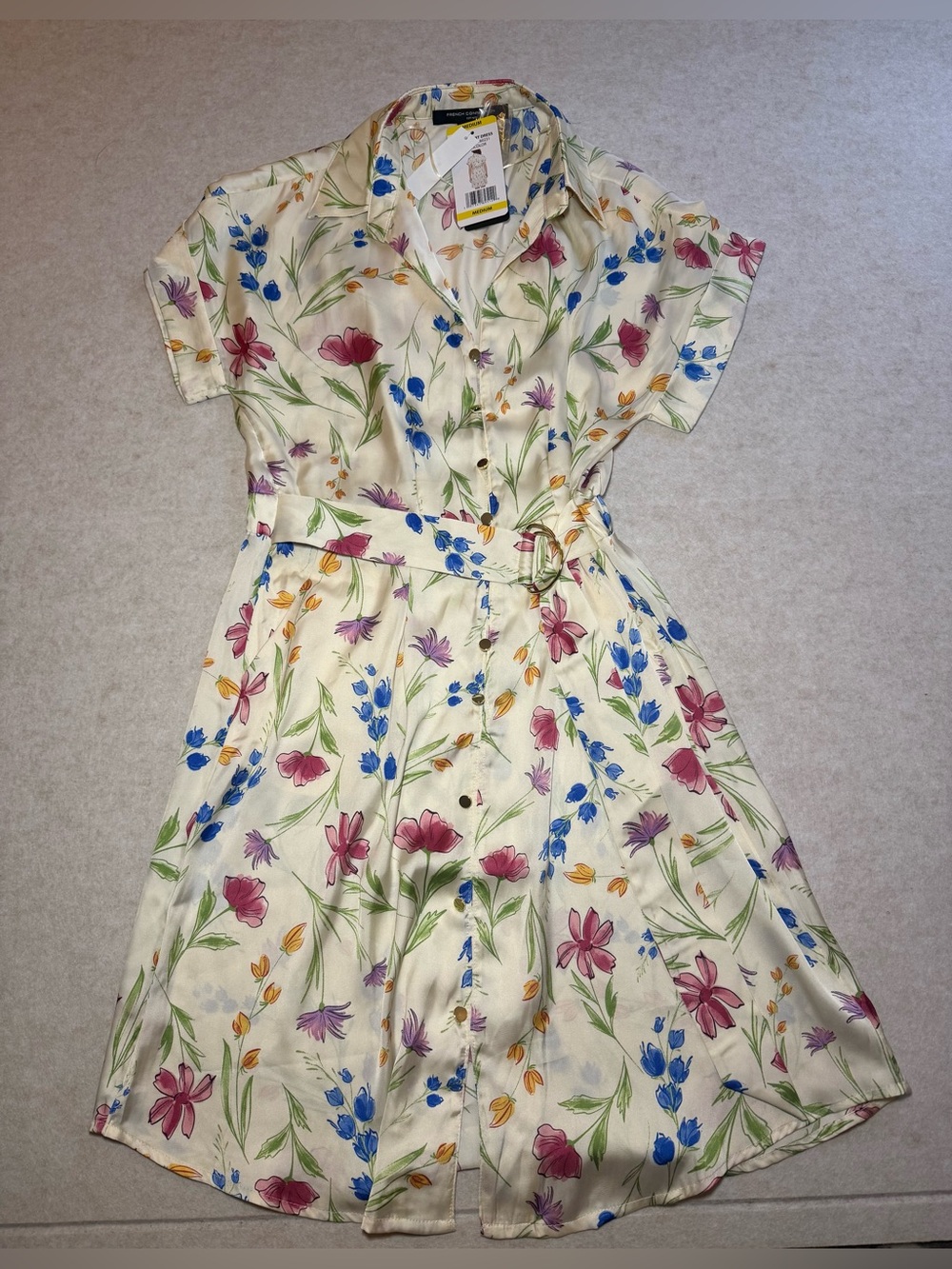 French Connection Women's Short Shirt Cream Floral Buckle Belt Dress Size M NWT - Picture 1 of 11